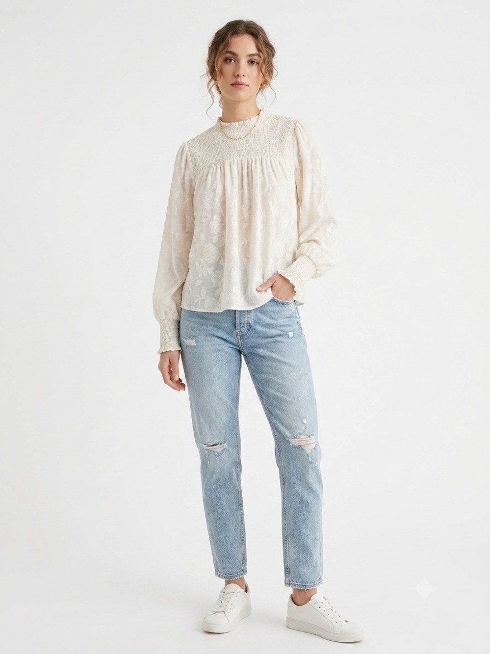 Knox Rose NWOT Ivory Floral Smocked Yoke Blouse